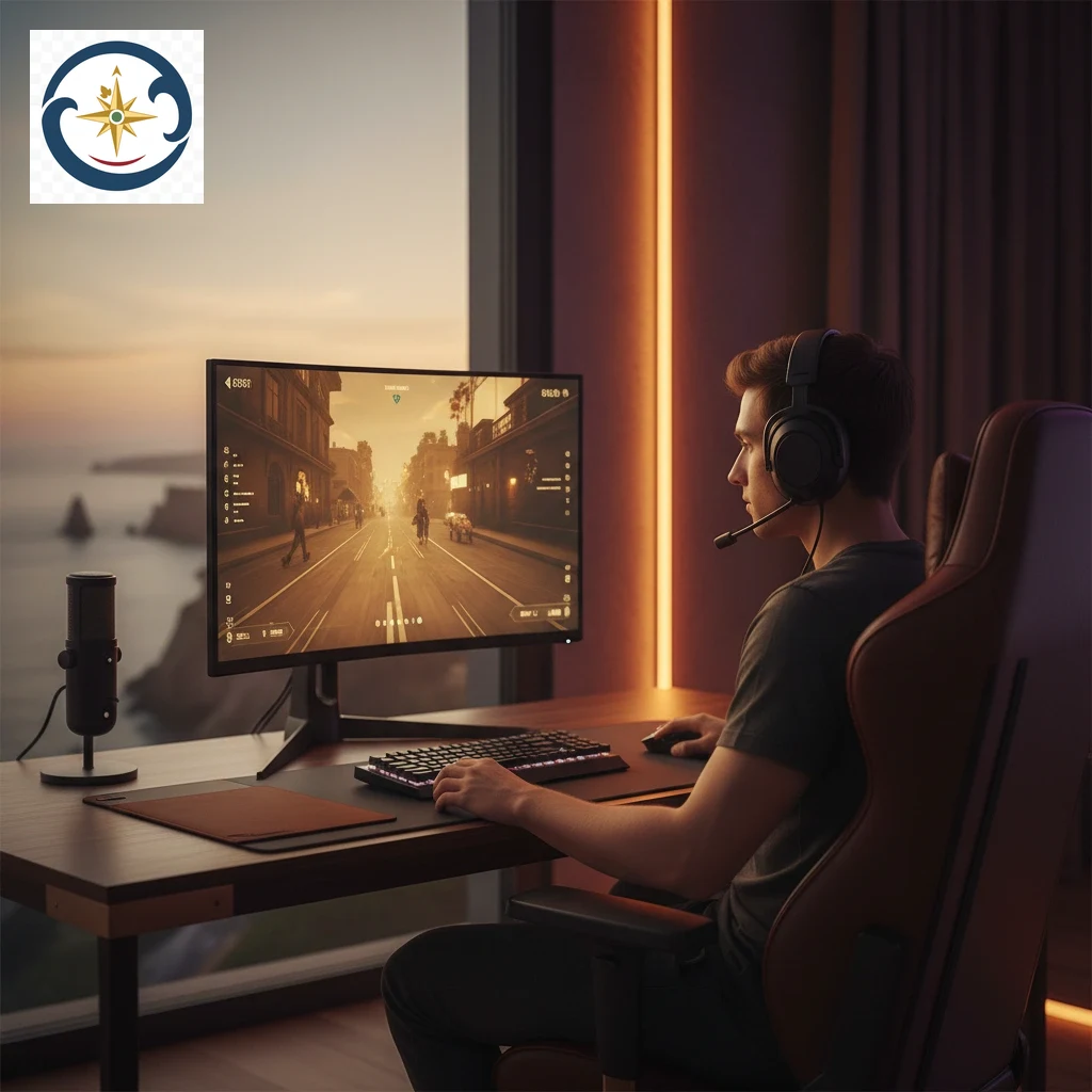 Jogador focado em frente ao monitor com iluminação neon durante torneio de eSports.